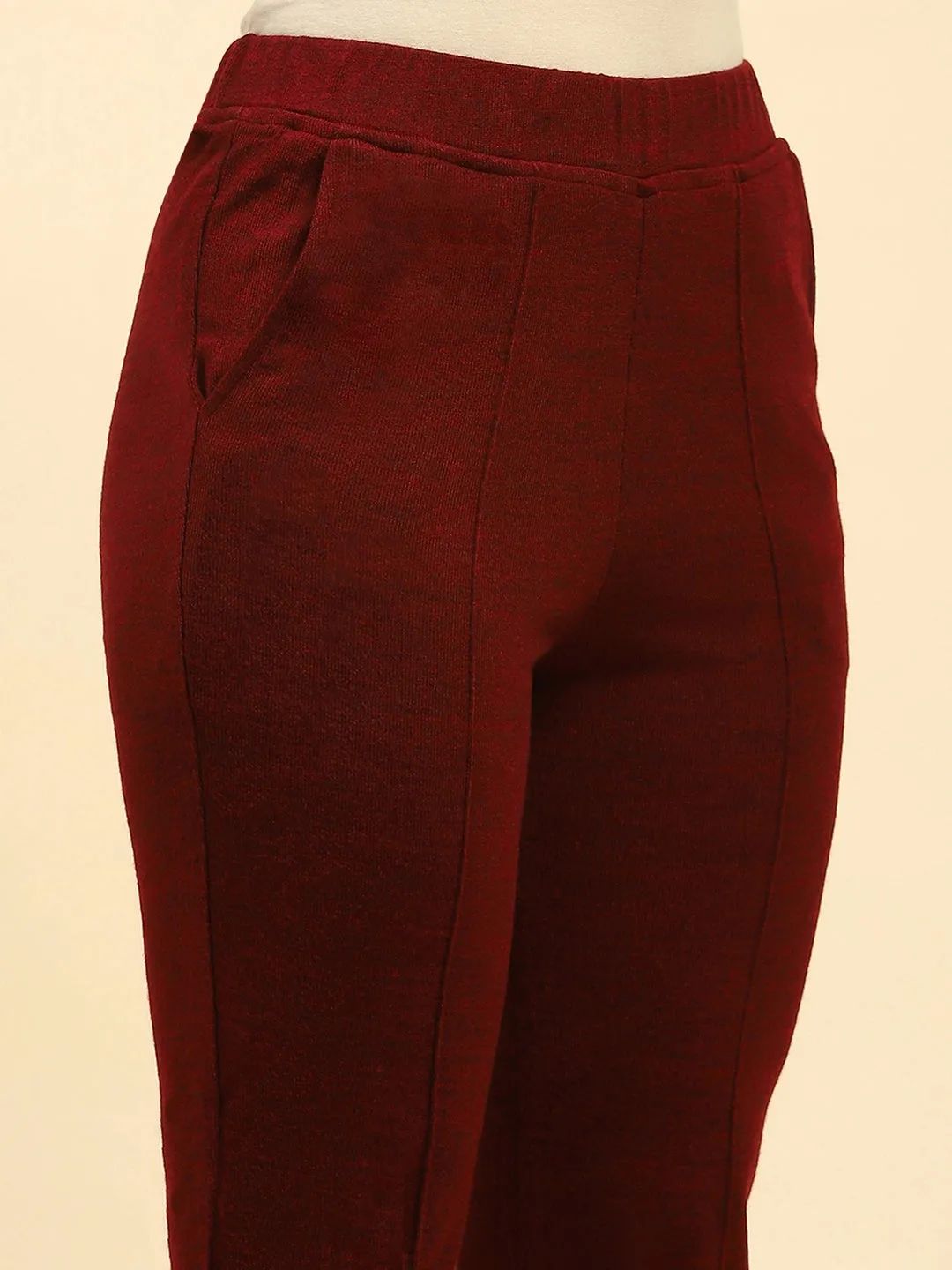 Dark Maroon Woolen Solid Pant For Winter