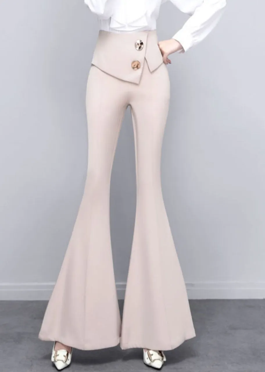 DIY Beige Button Solid High Waist Draping Bell Bottomed Trousers Spring LY0171