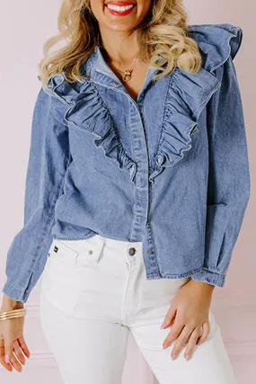 Dusk Blue Denim Ruffled Casual Top