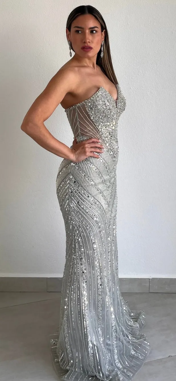 Elaborate Glam Silver Beaded Formal Gown