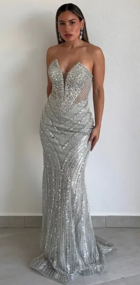 Elaborate Glam Silver Beaded Formal Gown