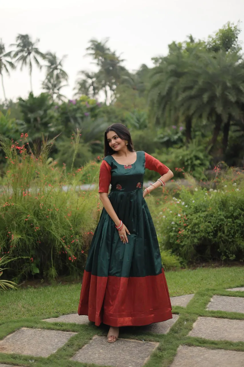 Elegant Banarasi Jacquard Silk Green Gown with Textured Weave