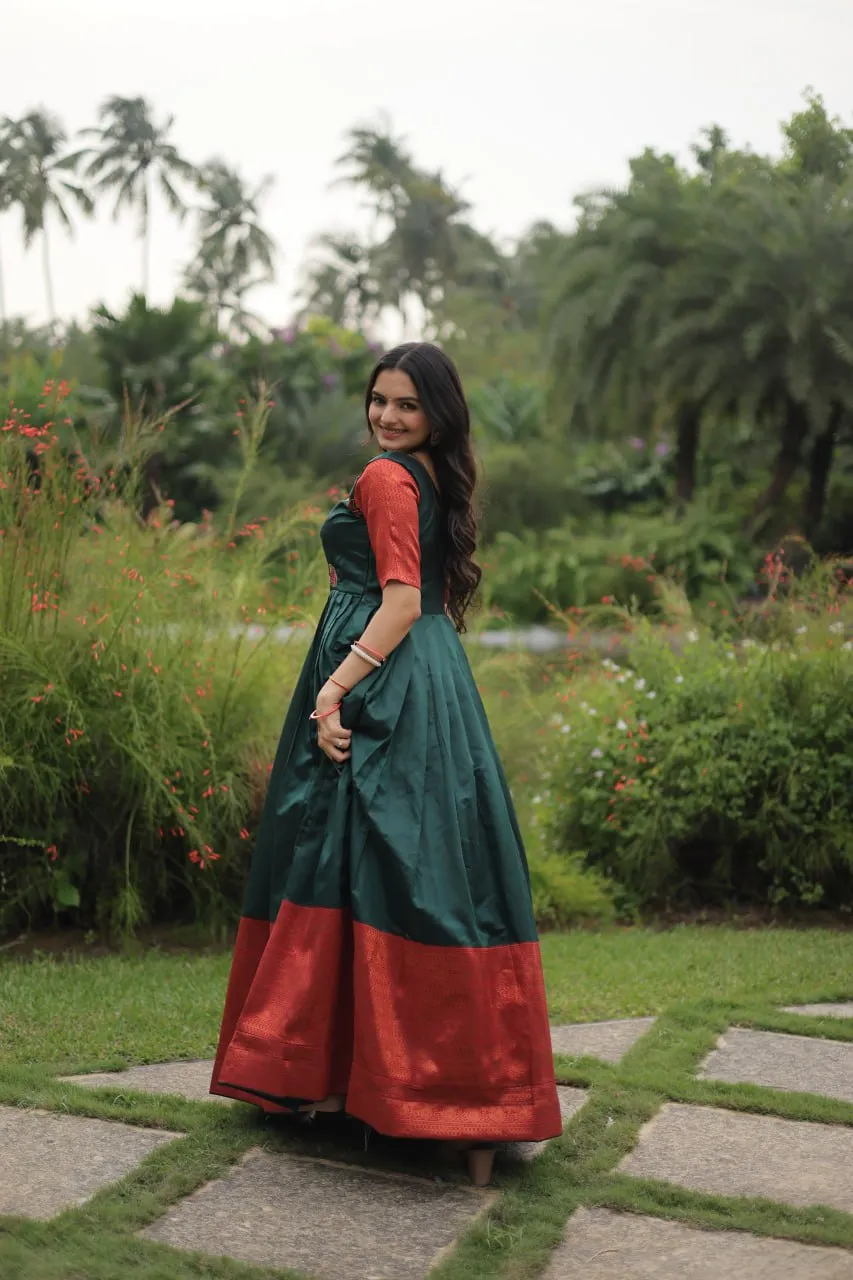 Elegant Banarasi Jacquard Silk Green Gown with Textured Weave