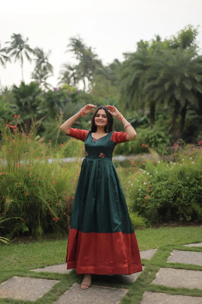 Elegant Banarasi Jacquard Silk Green Gown with Textured Weave