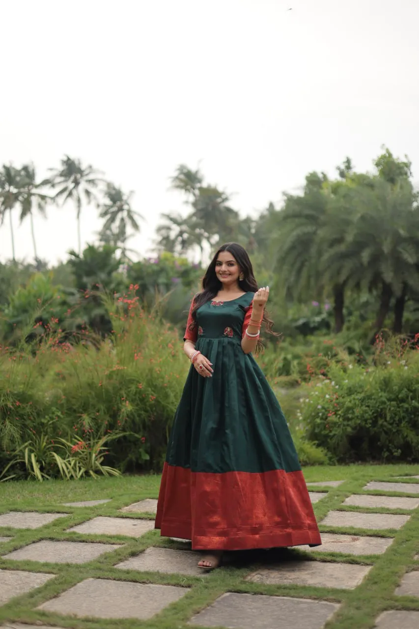 Elegant Banarasi Jacquard Silk Green Gown with Textured Weave