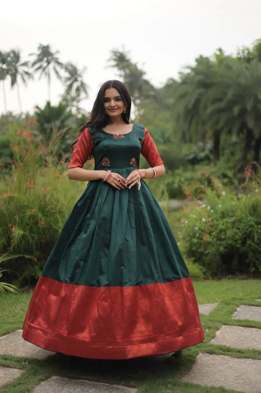 Elegant Banarasi Jacquard Silk Green Gown with Textured Weave