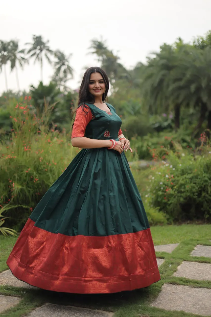 Elegant Banarasi Jacquard Silk Green Gown with Textured Weave