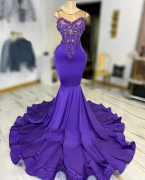 Exquisite Purple O Neck Long Prom Dress Beaded Birthday Party Dresses Mermaid Evening Gowns Appliques