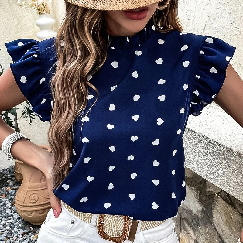 Fashion Chiffon Print Shirt Ruffled Round Neck Sleeveless Blouse