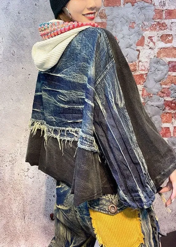 Fitted Black hooded Patchwork Fall Denim Long sleeve Coat