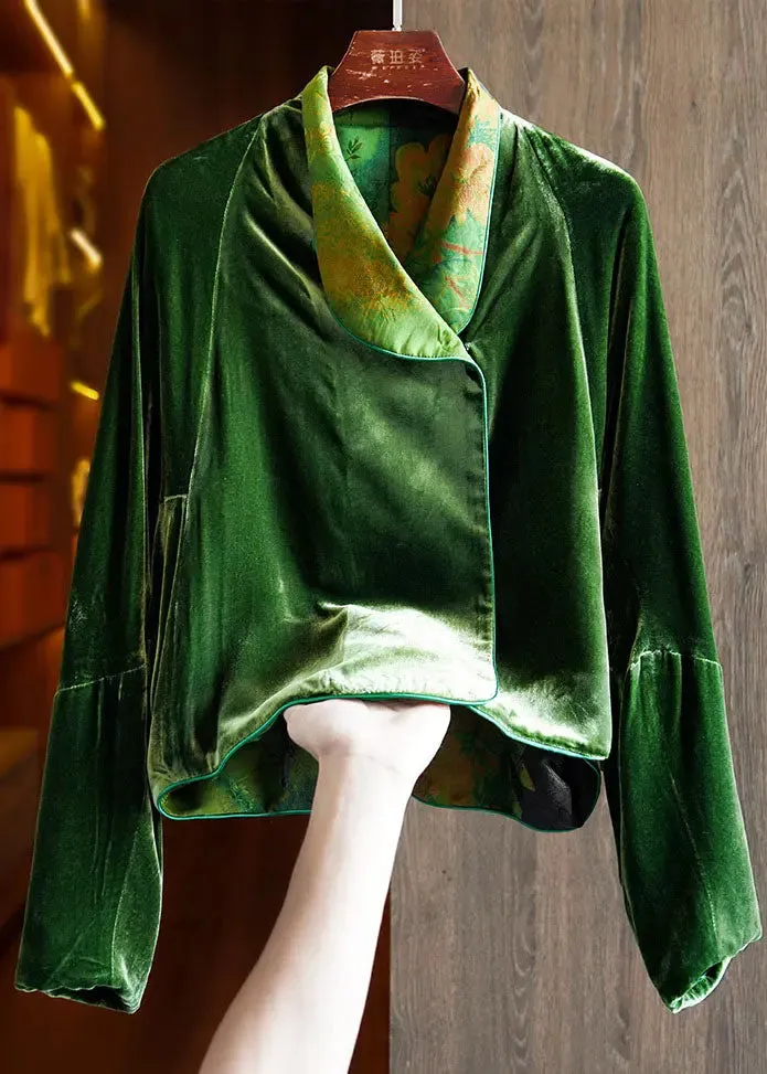 Fitted Green Silk Velour Coats Notched Long Sleeve ML1381