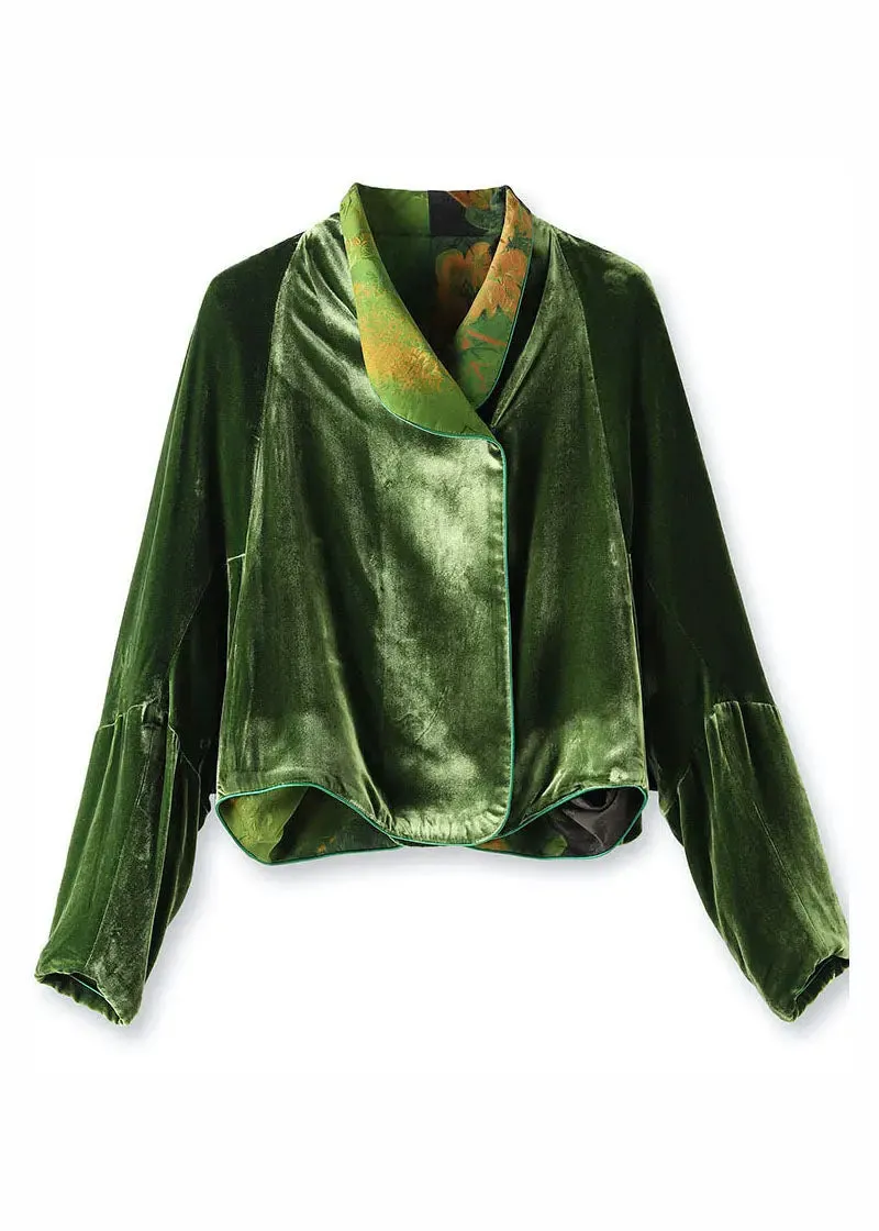 Fitted Green Silk Velour Coats Notched Long Sleeve ML1381