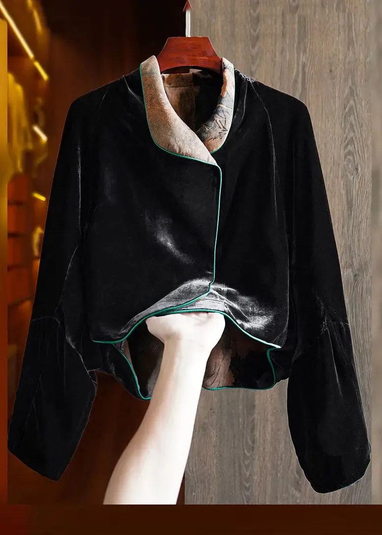 Fitted Green Silk Velour Coats Notched Long Sleeve ML1381