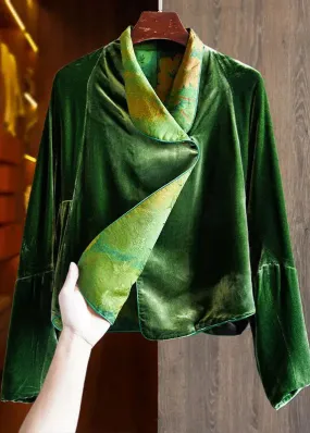 Fitted Green Silk Velour Coats Notched Long Sleeve ML1381