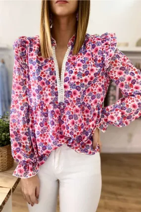 Floral Pattern Peplum Blouse with Ruffles