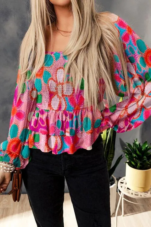 Floral Smocked Ruffled Balloon Sleeve Blouse