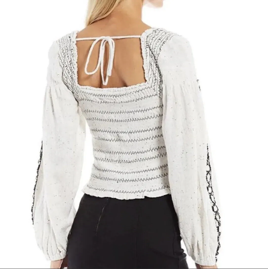 Free People Maggie Embroidered Long Sleeve Top in Ivory, Size Large