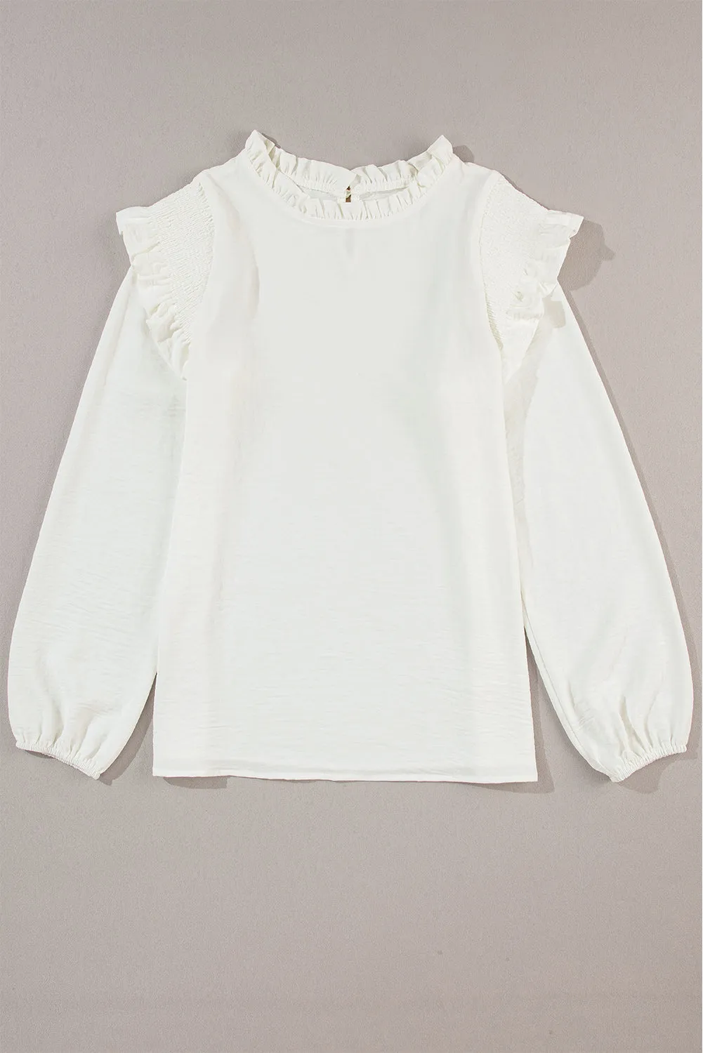 Frilled Neck Ruffled Trim Bubble Sleeve Blouse