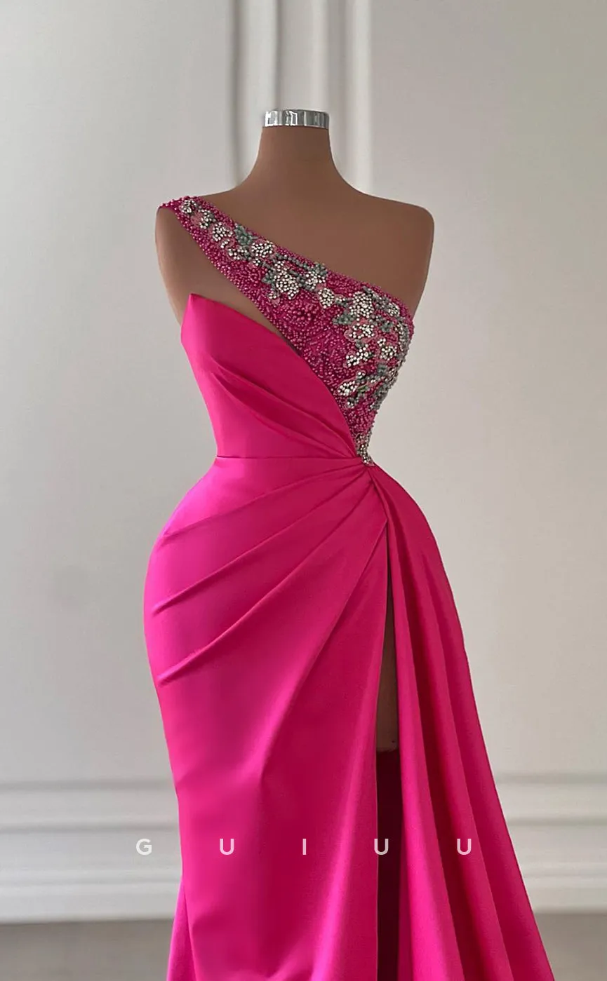 G2966 - Chic & Modern One Shoulder Beaded Pleats Long Formal Prom Dress