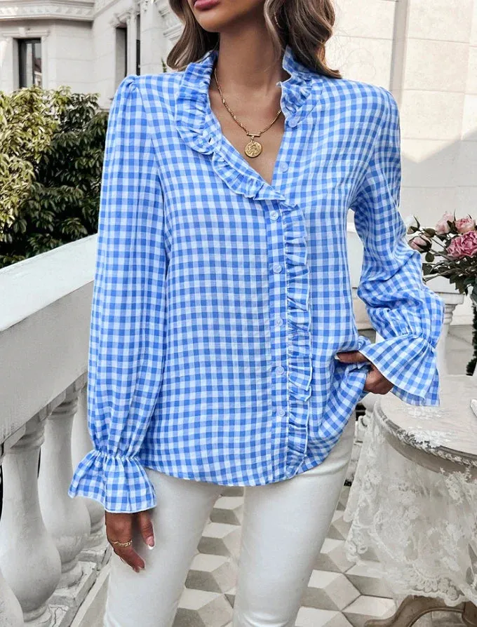 Gingham Ruffle Long Sleeve Button-Up Blouse for Everyday Elegance