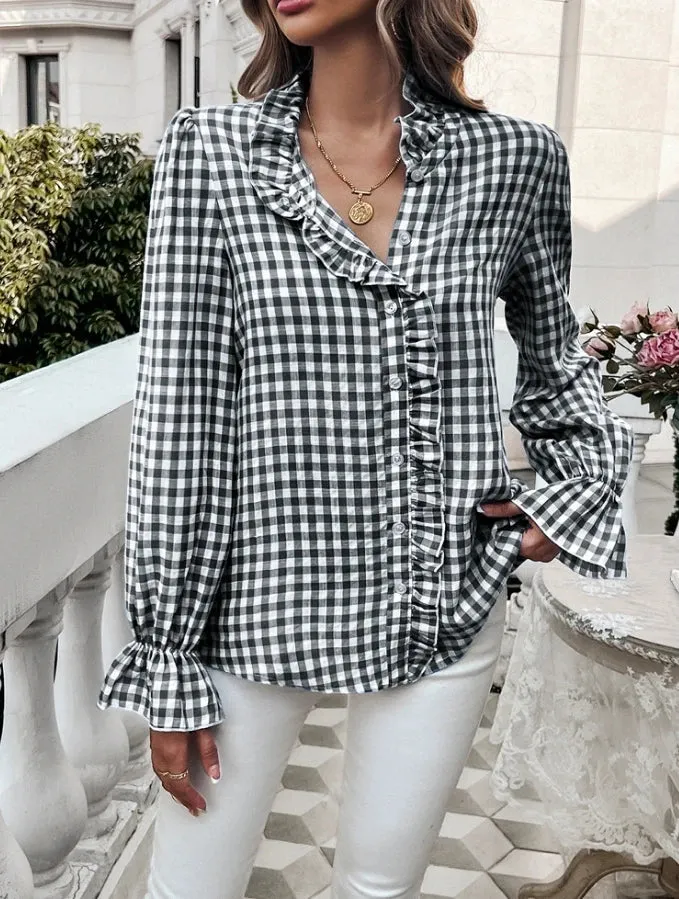 Gingham Ruffle Long Sleeve Button-Up Blouse for Everyday Elegance