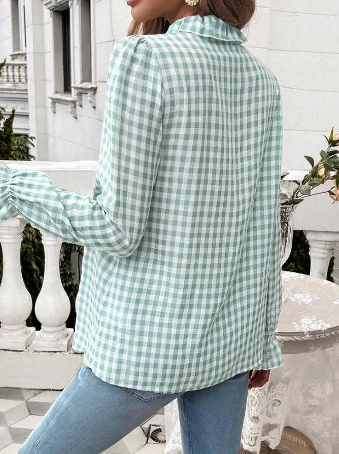 Gingham Ruffle Long Sleeve Button-Up Blouse for Everyday Elegance