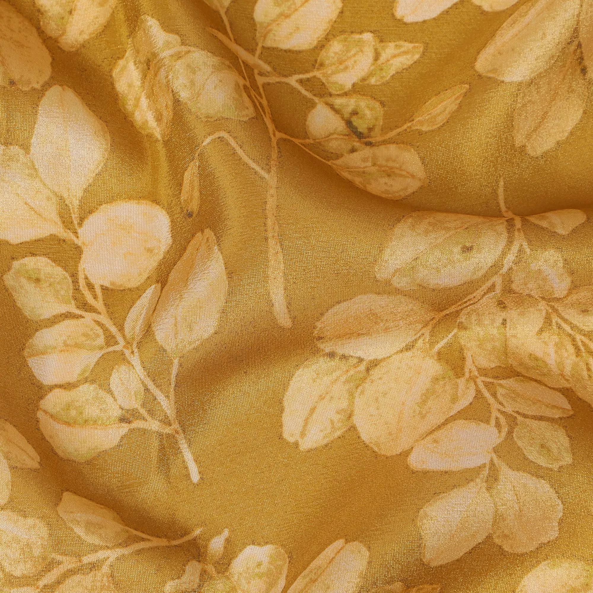 Golden Amber Organza Fabric - Embossed Leaf Motif, 110cm Width, Sumptuous Textured Sheen-D18939