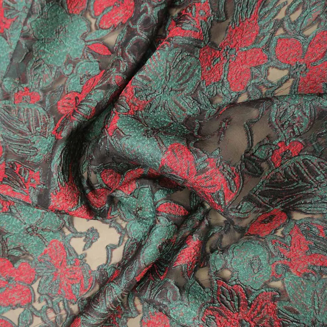 Green and Red Floral Textured Brocade Fabric