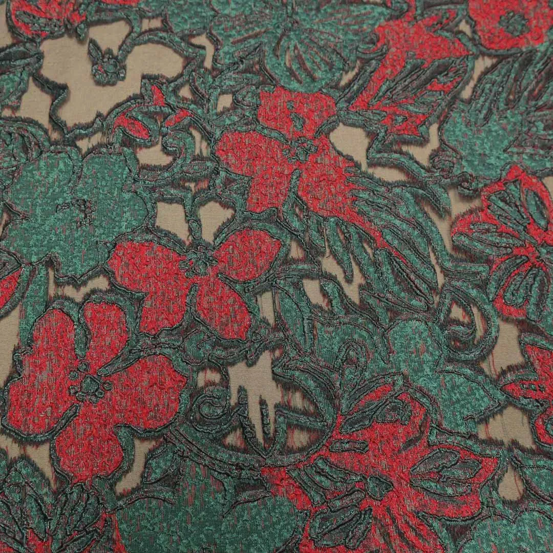 Green and Red Floral Textured Brocade Fabric