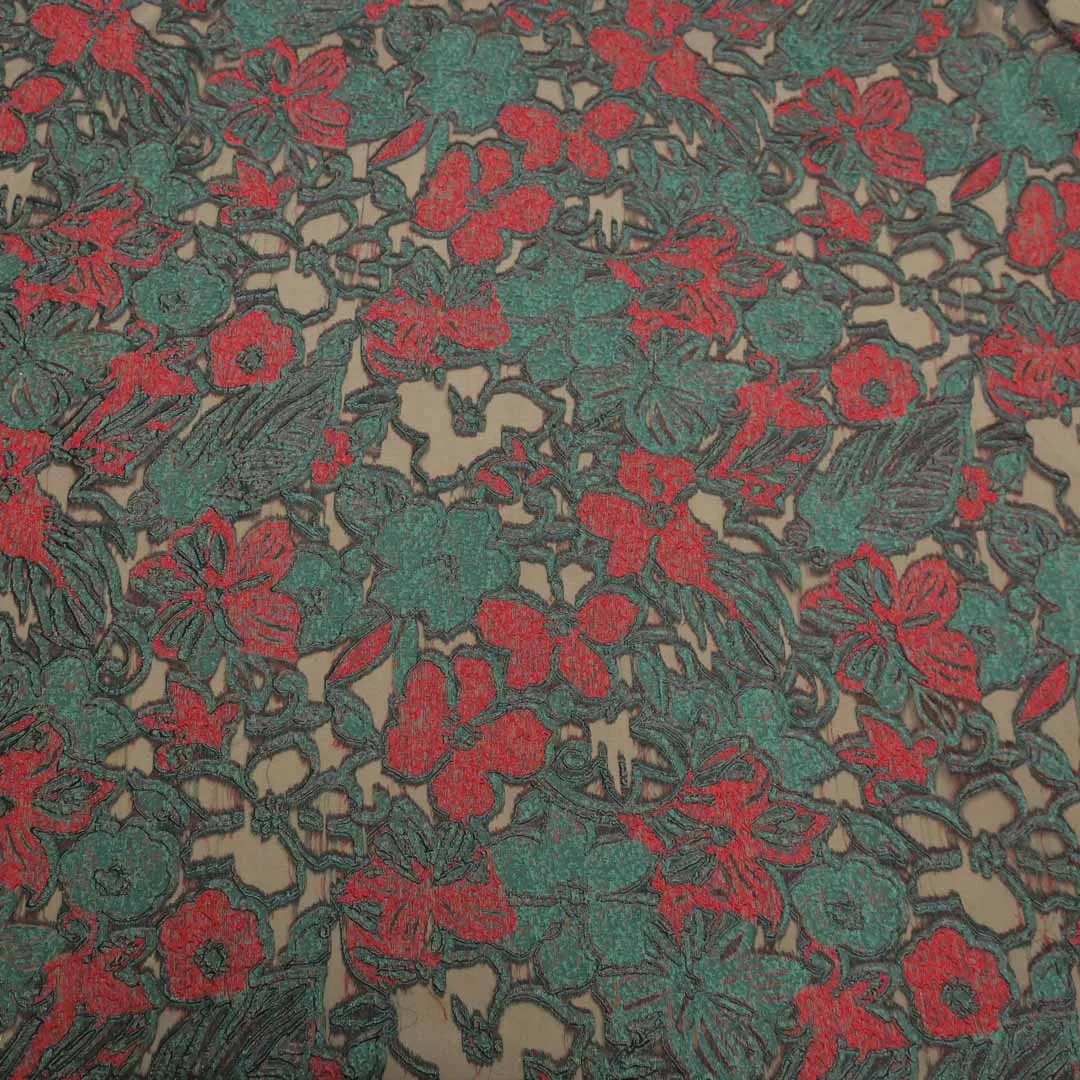 Green and Red Floral Textured Brocade Fabric