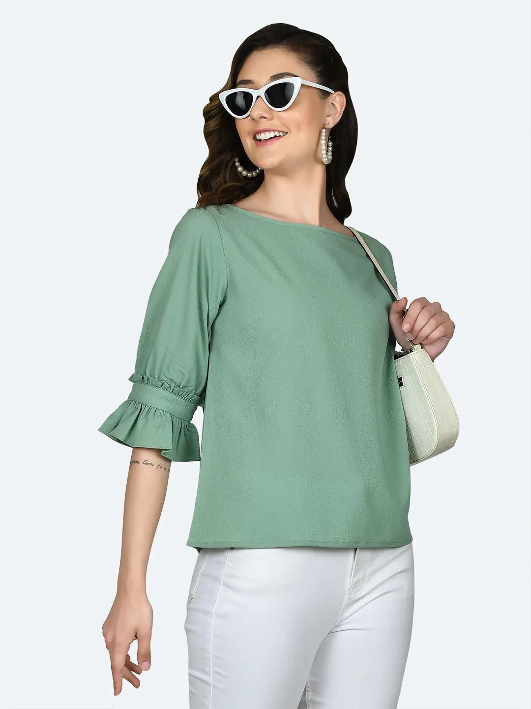 Green Solid Ruffled Top