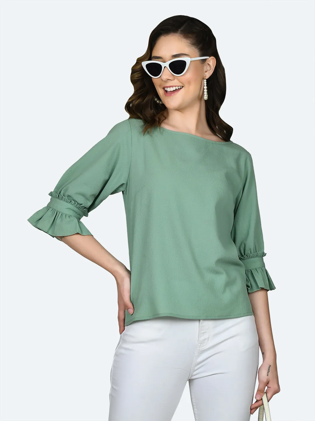 Green Solid Ruffled Top