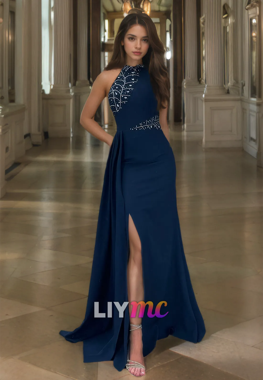 Halter Sleeveless Beaded Mermaid Side Slit Prom Dress