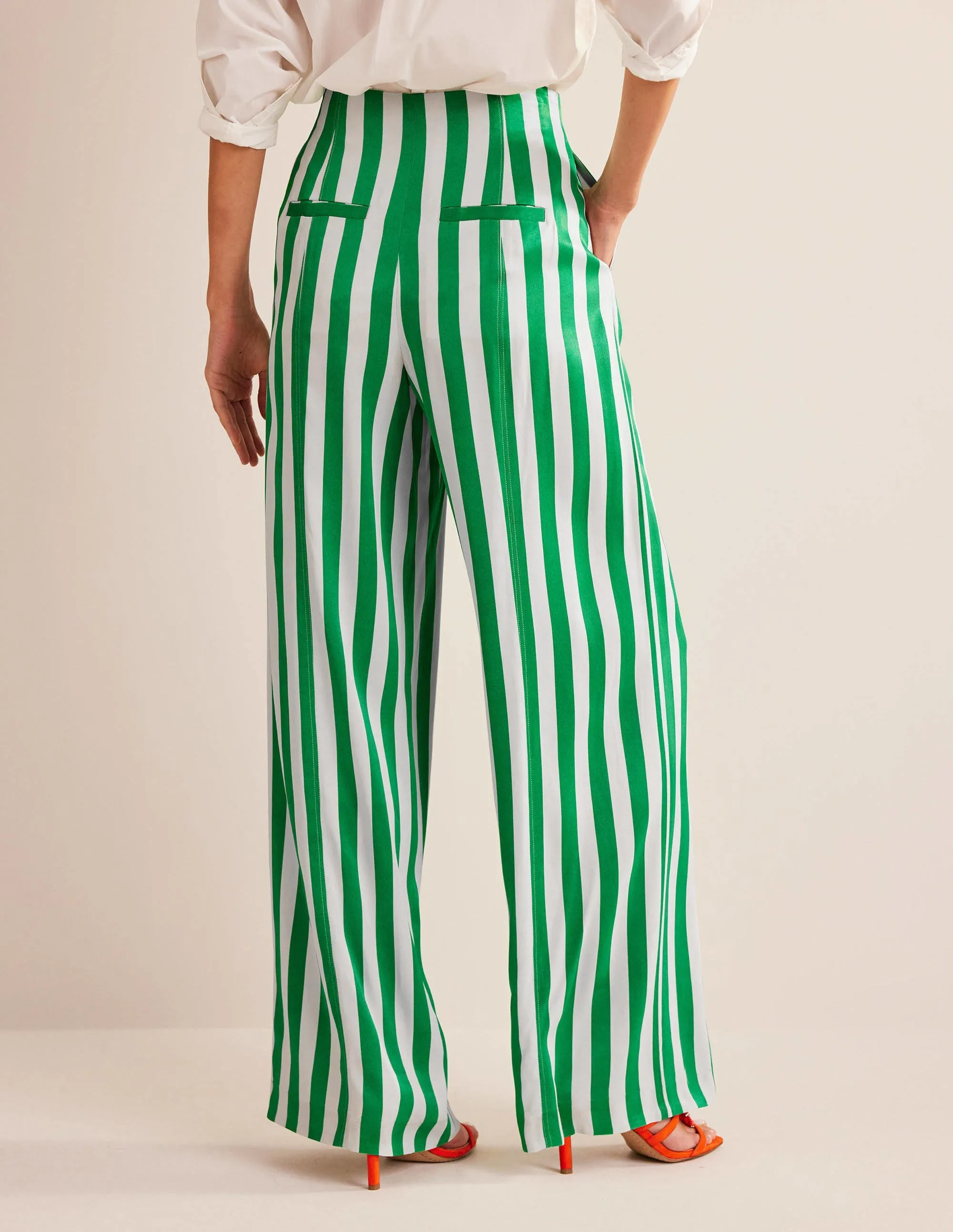 High-Waist Palazzo Trousers-Rich Emerald Stripe