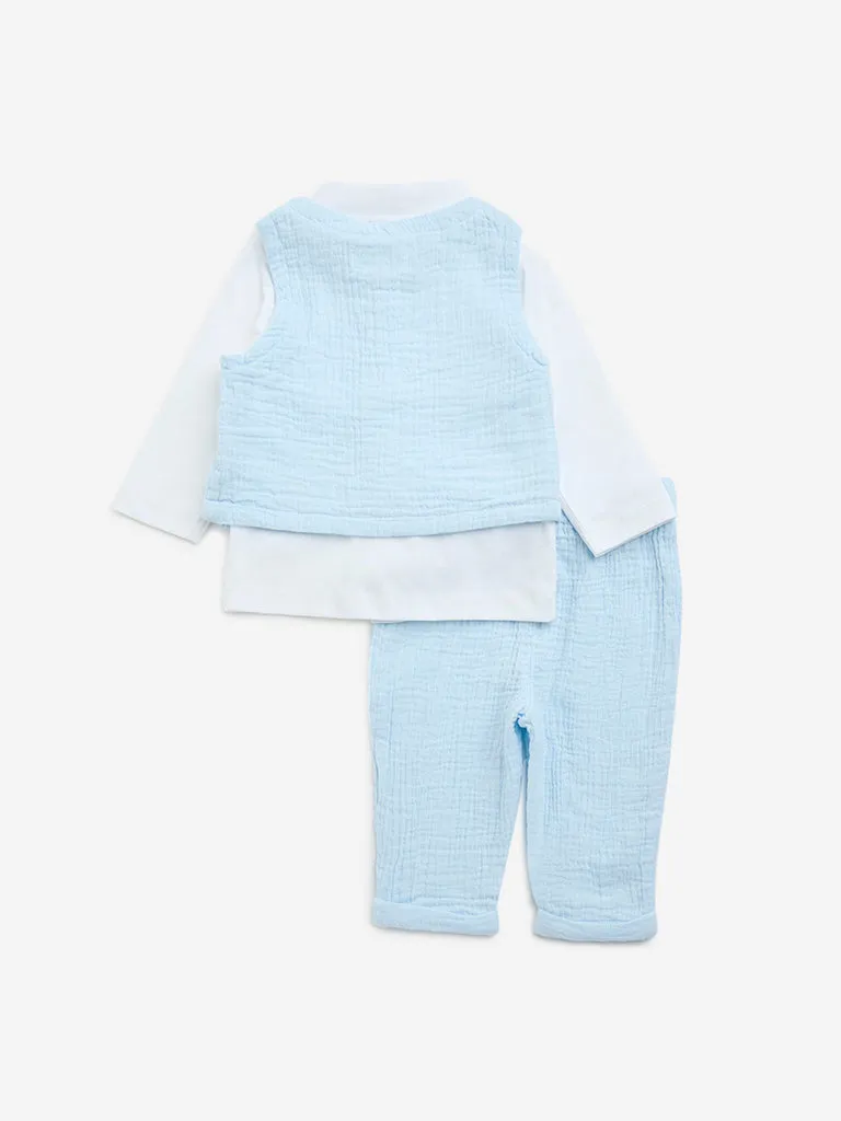 HOP Baby Light Blue Textured Cotton Shirt, Waistcoat, Trousers and Bow Set