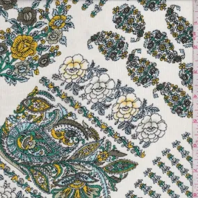 Ivory/Jade/Gold Floral Crinkled Crepe Fabric