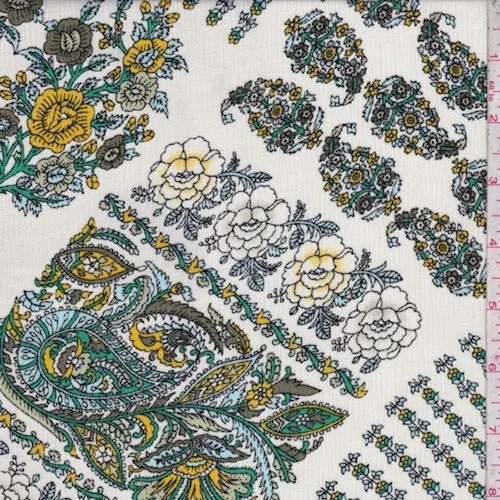 Ivory/Jade/Gold Floral Crinkled Crepe Fabric