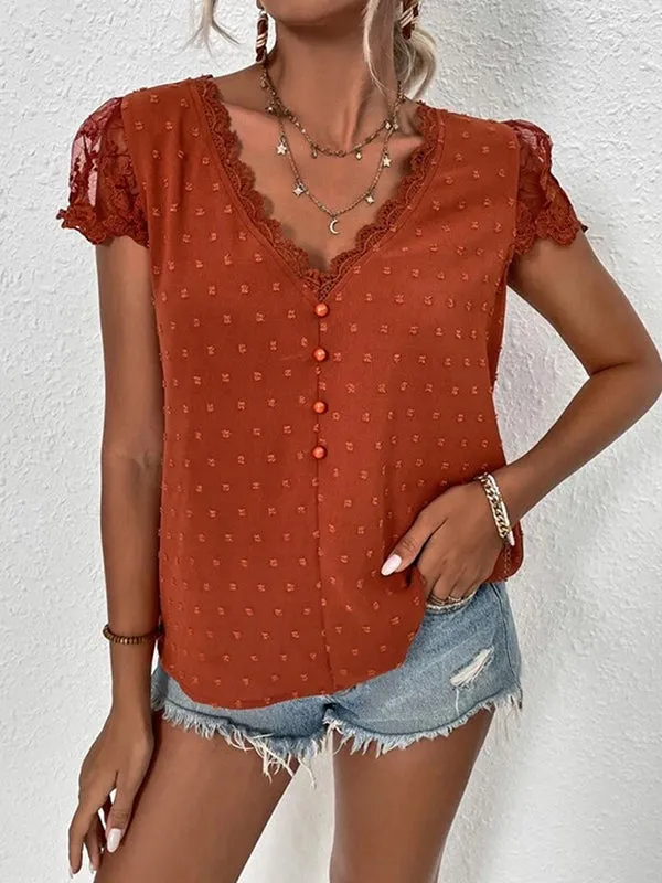 Jacquard Lacy Solid Color Cap Sleeve Loose V-neck Blouses&shirts Tops