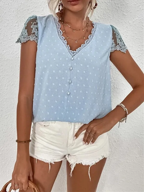 Jacquard Lacy Solid Color Cap Sleeve Loose V-neck Blouses&shirts Tops