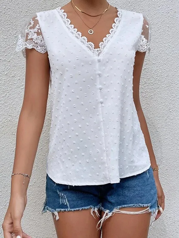 Jacquard Lacy Solid Color Cap Sleeve Loose V-neck Blouses&shirts Tops