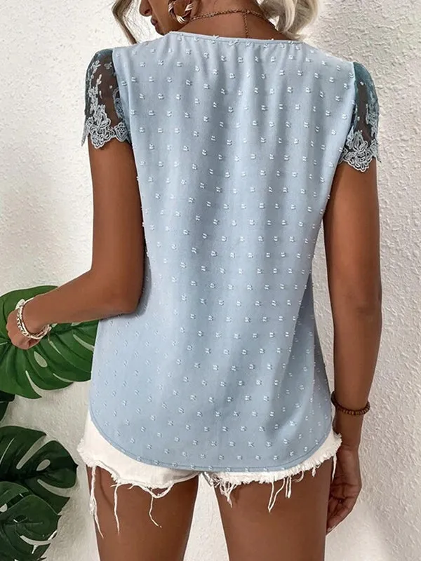 Jacquard Lacy Solid Color Cap Sleeve Loose V-neck Blouses&shirts Tops