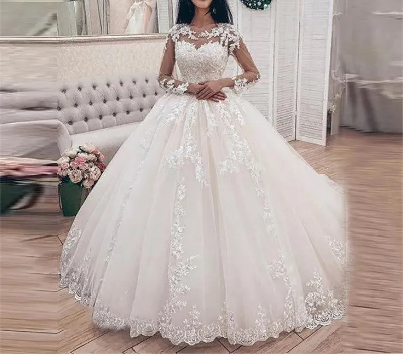 Lace Applique/Tulle Ball Long Sleeve Wedding Gown All Sizes/Colors