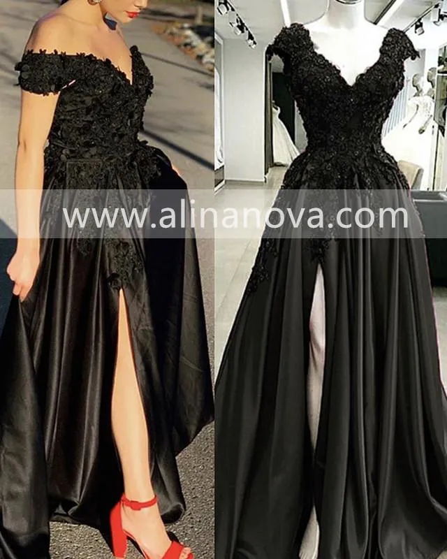 Lace Flowers Beaded Cap Sleeves V Neck Prom Dresses, Split Evening Gowns