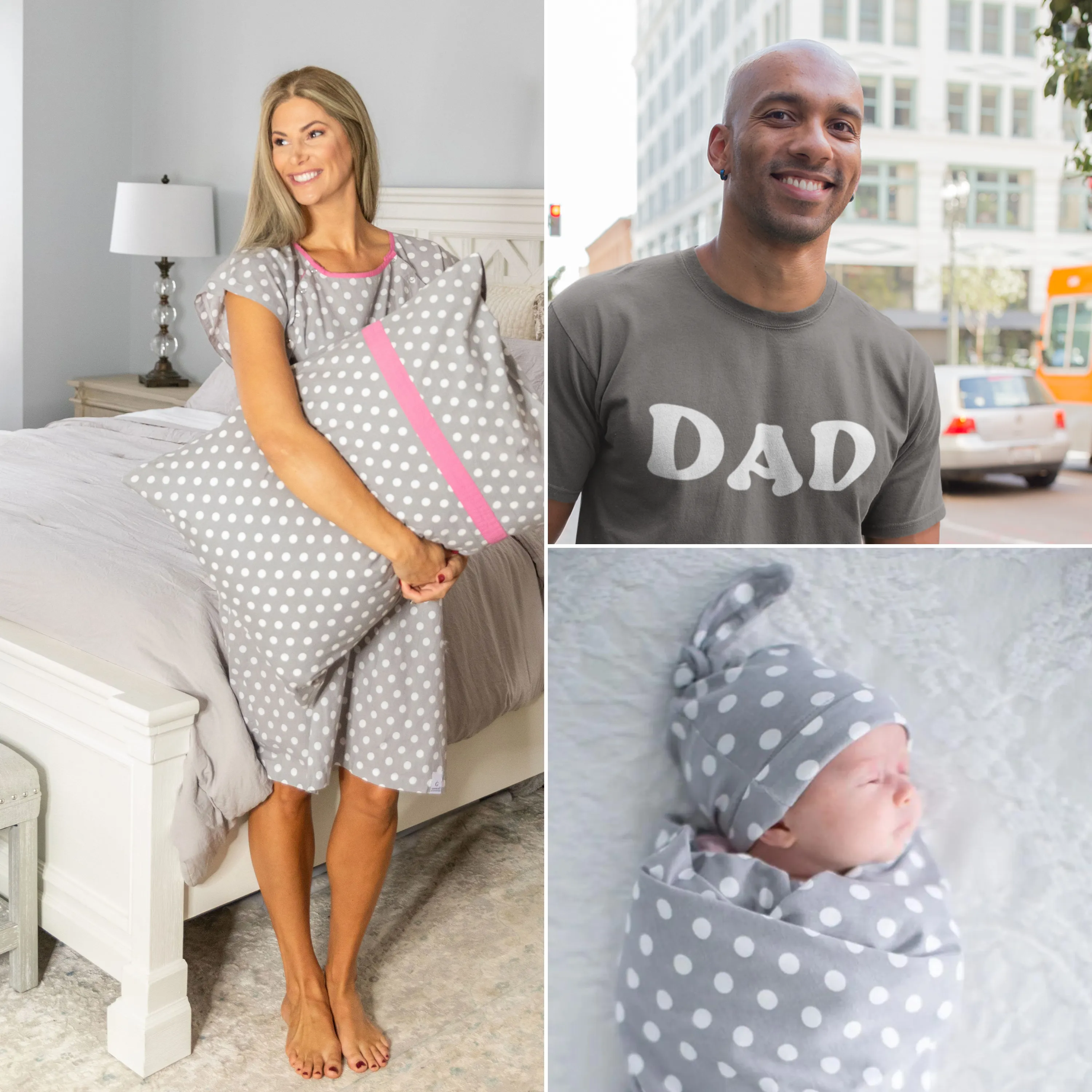 Lisa Gownie & Hospital Pillowcase & Charcoal Dad T-Shirt & Matching Newborn Swaddle and Hat Set