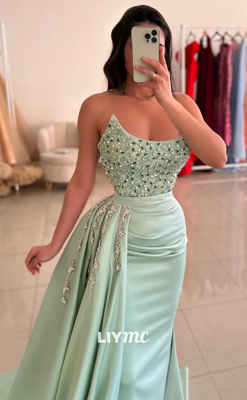 LP1969 - Scoop Sleeveless Beaded Appliques Ruched Sleek Satin Mermaid Prom Dress