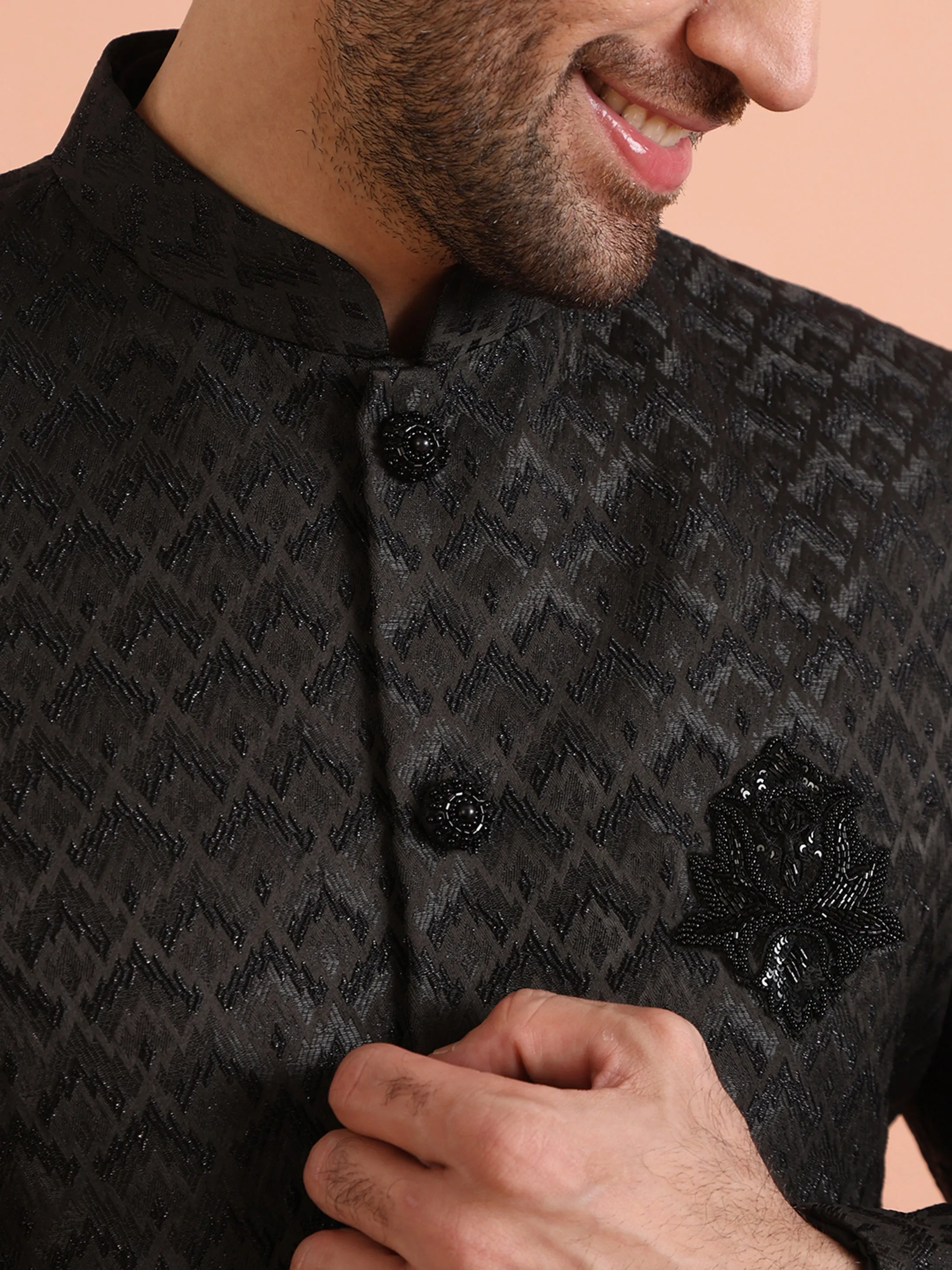 Men Black Self Design Kurta Indowestern Trousers Set