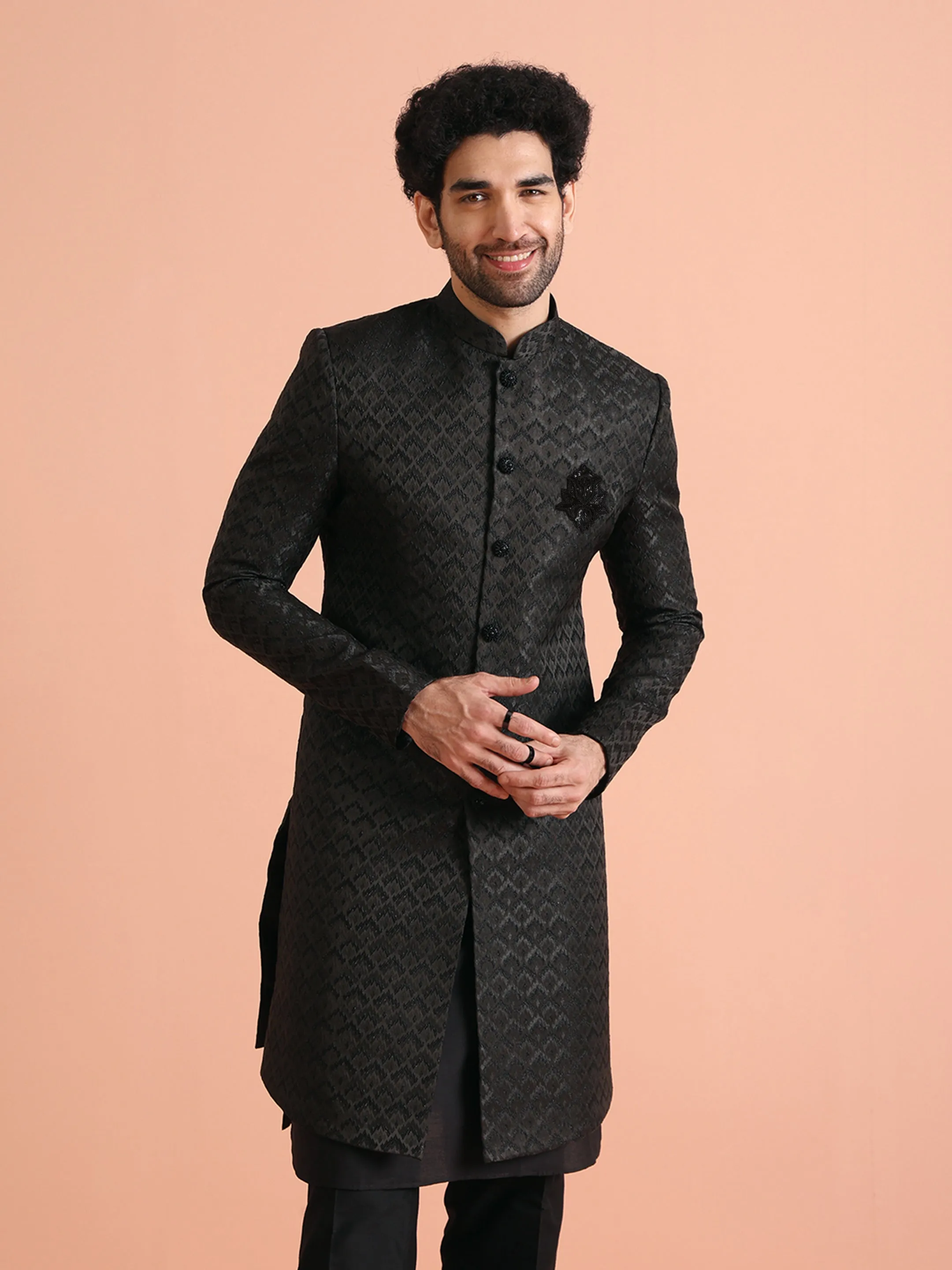 Men Black Self Design Kurta Indowestern Trousers Set