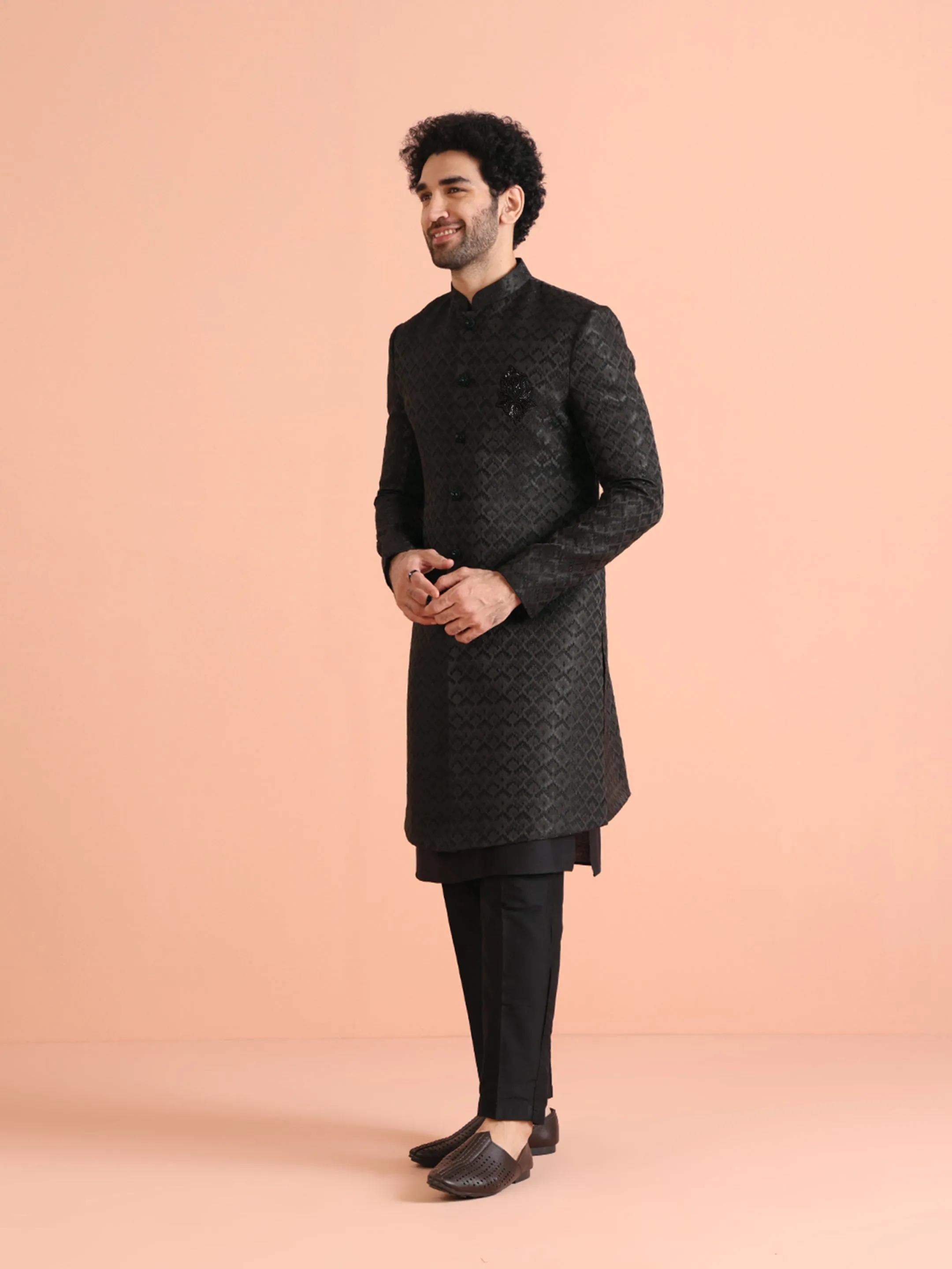 Men Black Self Design Kurta Indowestern Trousers Set