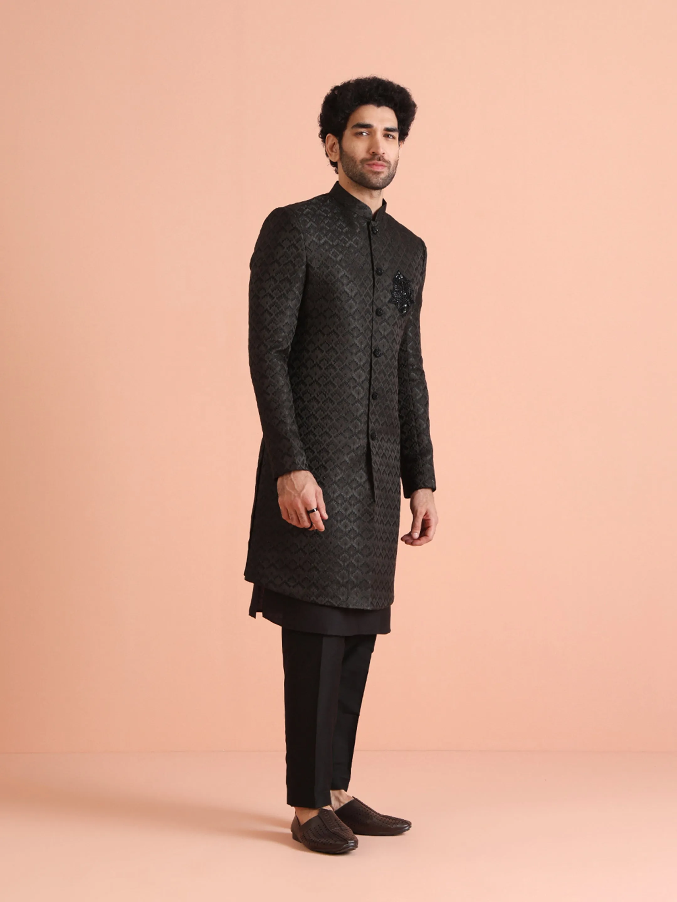 Men Black Self Design Kurta Indowestern Trousers Set