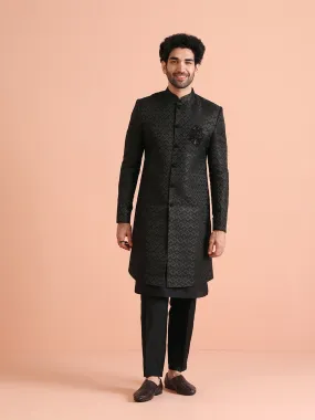 Men Black Self Design Kurta Indowestern Trousers Set